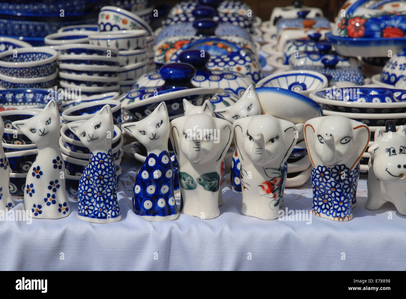 Typical Polish ceramics for sale on a market stall in Wroclaw, Lower Silesia, Poland Stock Photo