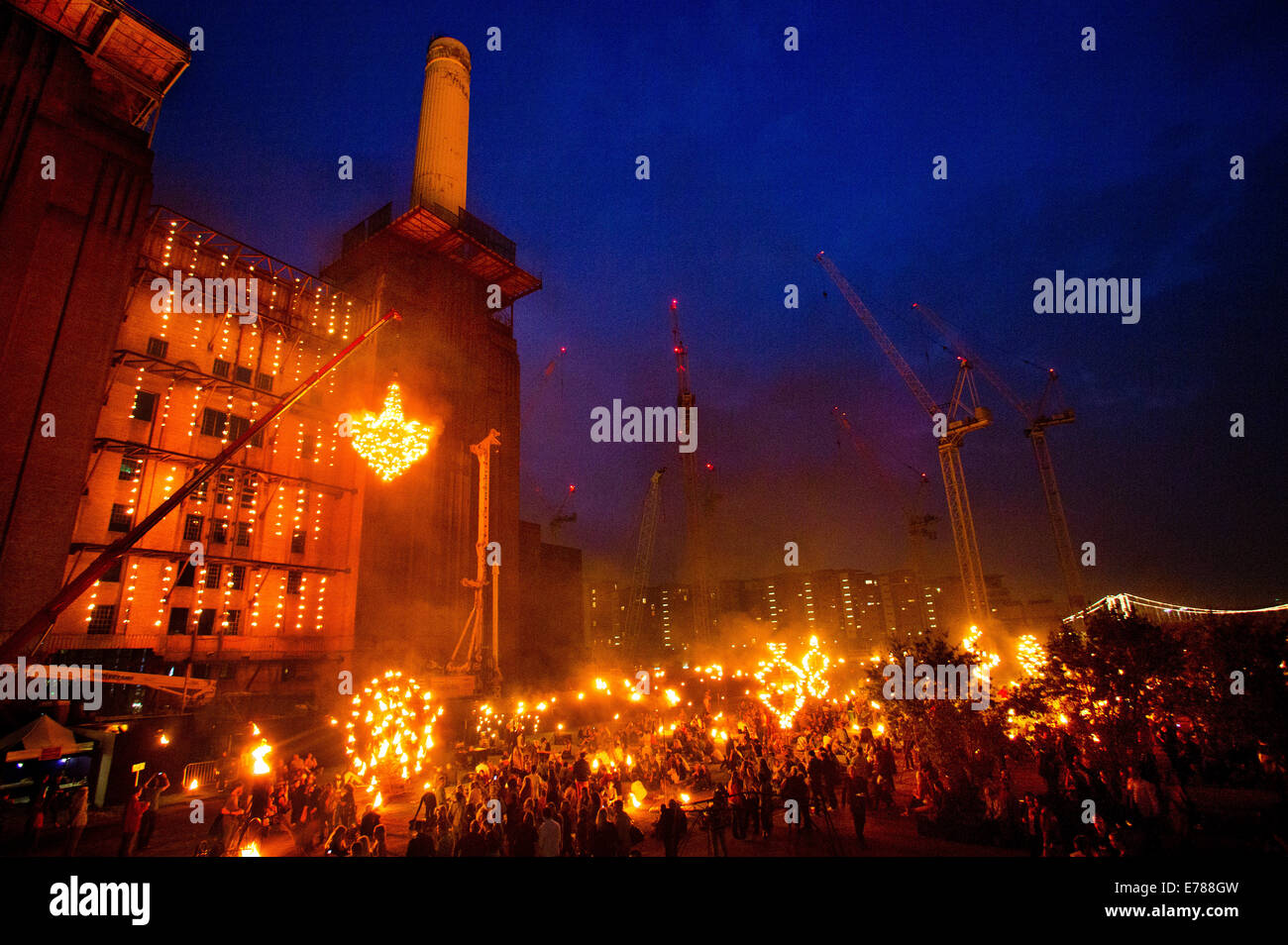 Fire Garden, a performance delivered by the French performance group Carabosse at Battersea  power station on the theme of fire Stock Photo