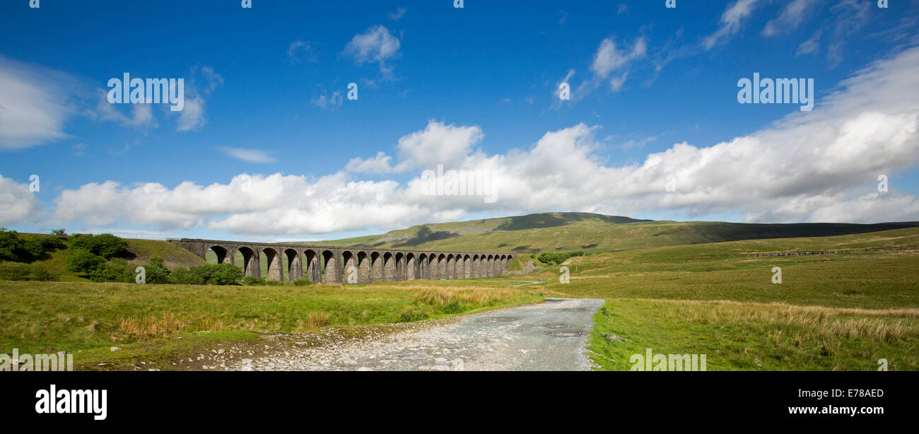 Panoramic view of Ribblehead viaduct, massive 19th century British rail bridge crossing Ribble Valley and under blue sky in North Yorkshire England Stock Photo