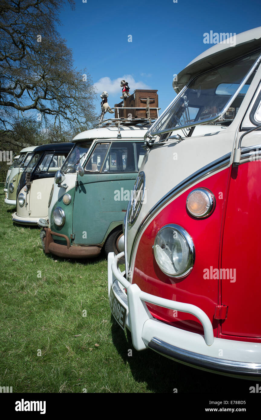 Row of classic volkswagen camper vans. Stock Photo