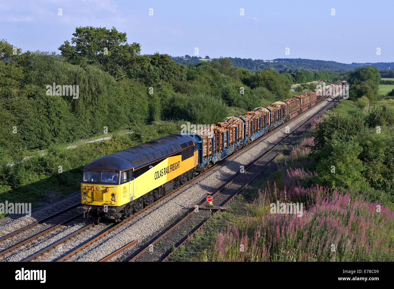 colas railfreight 56113 tops 6M54 Teigngrace - Chirk loaded logs at Leominster on 24/07/14. Stock Photo