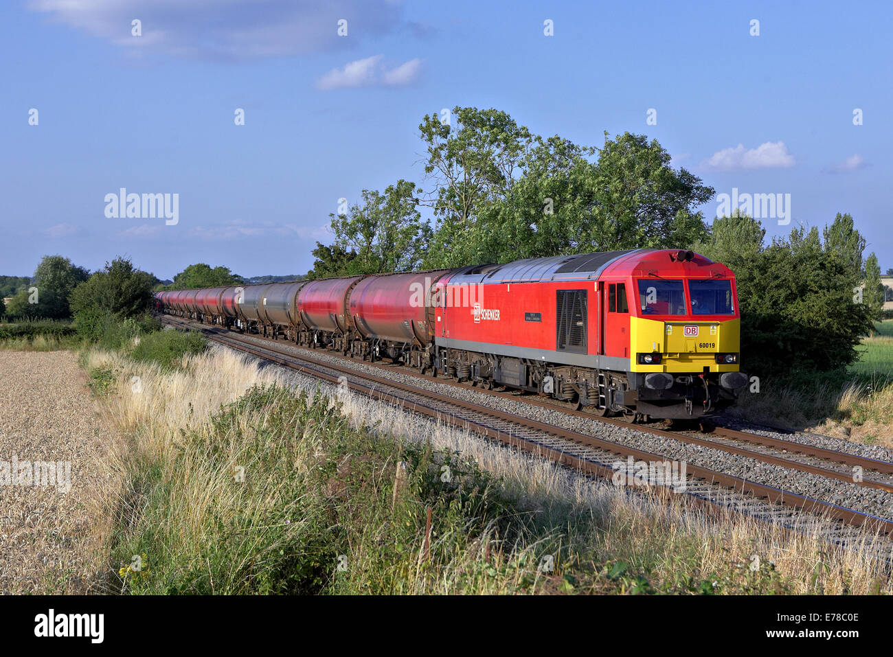 60019 heads through Norton with 6V55 15:30 Bedworth - Robeston empty Murco tanks on 30th July 2014. Stock Photo