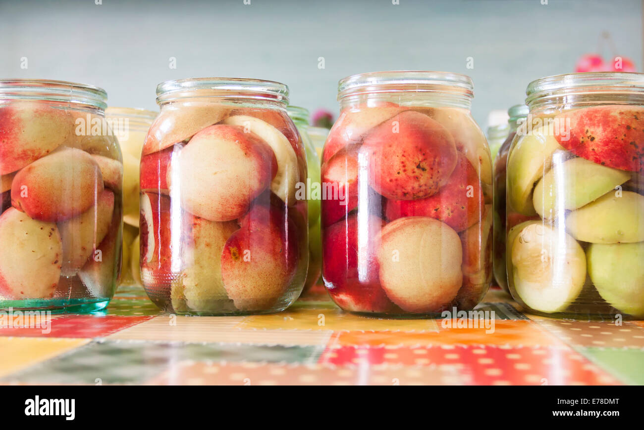 Jars of homemade fruit preserves - vintage photo Stock Photo