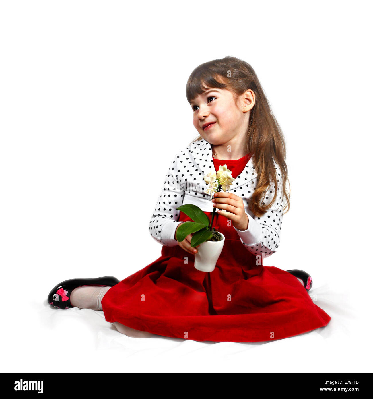 Flirtatious cute girl with orchid in hands dressed in red sits on folded cover. Portrait on white background with light shadows Stock Photo