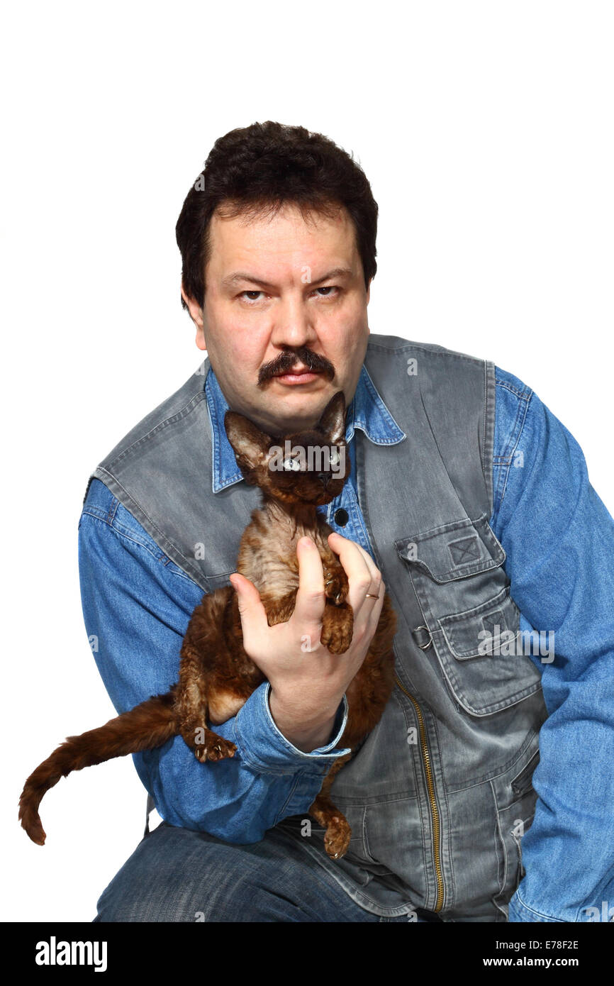 Man with exotic brown cat on hand. Portrait on white background Stock Photo