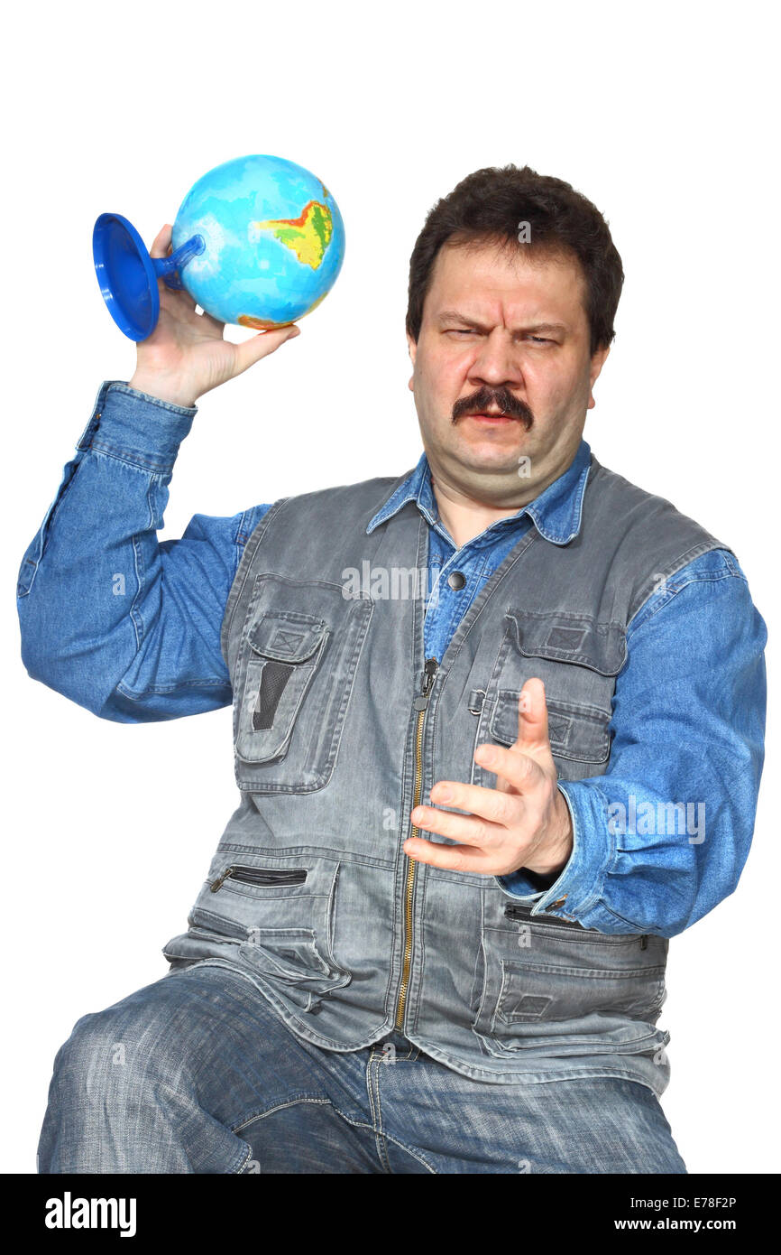 Angry man throwing globe.  Portrait on white background Stock Photo