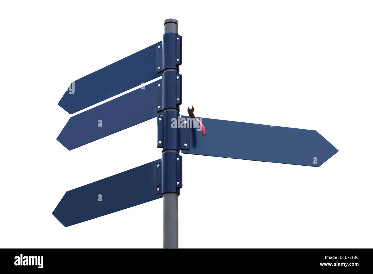 Waymark with four dark blue plates and foreign object on one of them Stock Photo