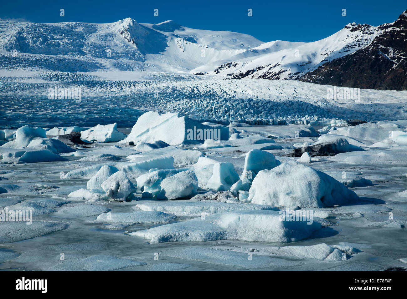 the Vatnajokull Glacier decending to sea level at Fjallsarlon, eastern Iceland Stock Photo