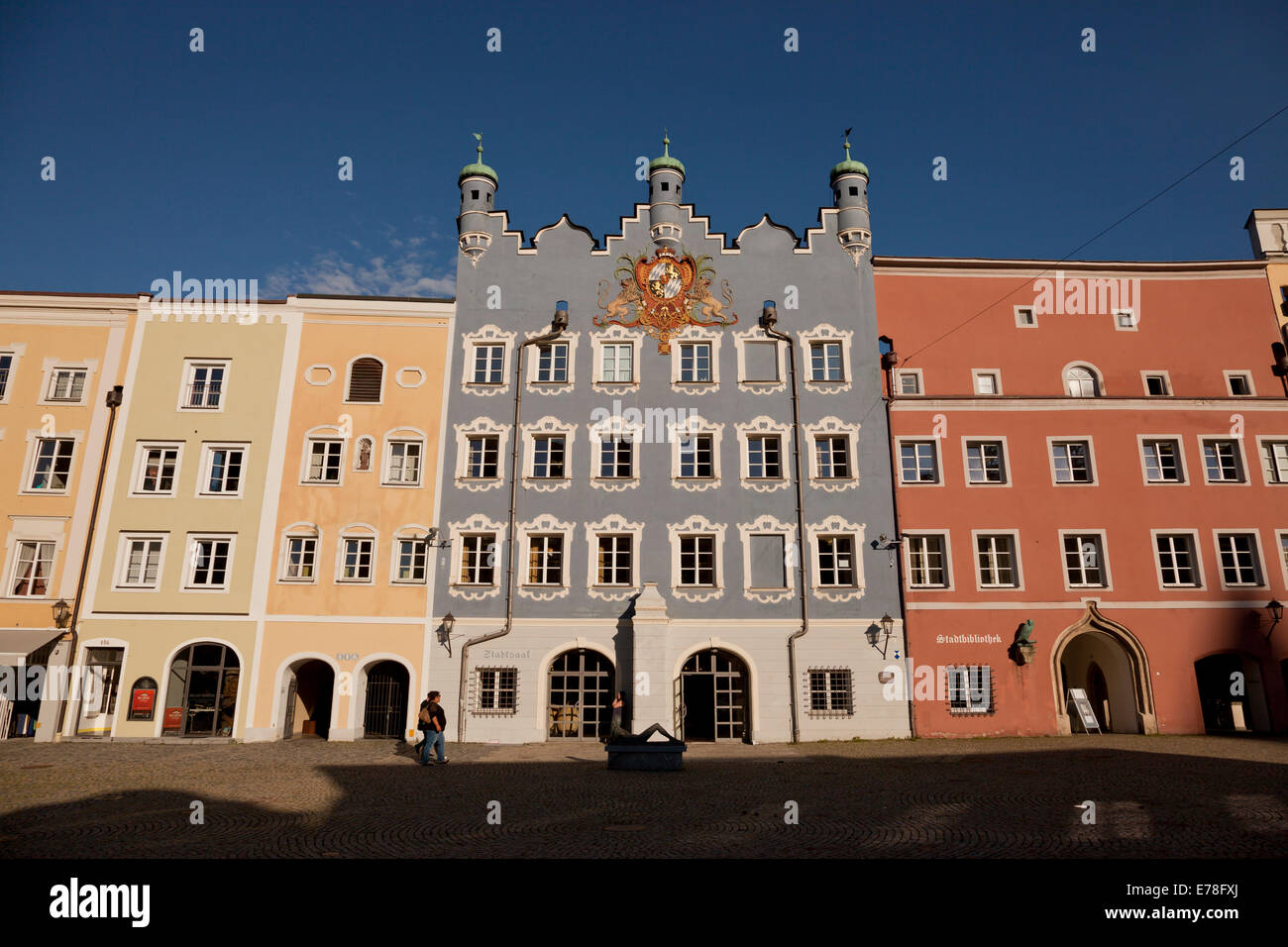central square Stadtplatz and ancient former Government Building in Burghausen, Bavaria, Germany, Europe Stock Photo