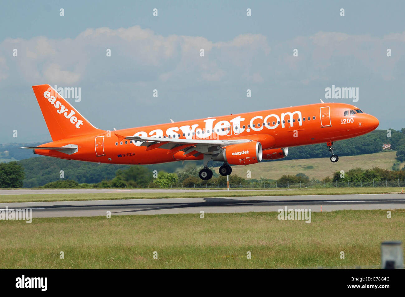 Easyjet Airbus A320-200 (G-EZUI) flares at Bristol Airport, Bristol, England. The "200" marking and the reversed colours cel Stock Photo