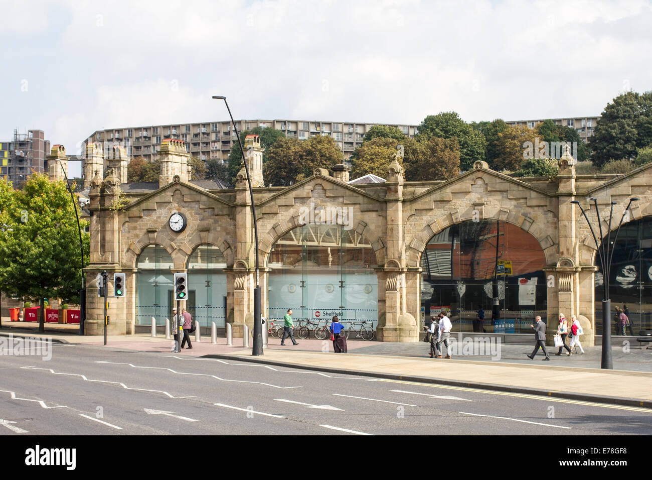 Sheffield Midland railway station in Sheaf Square Sheffield City Centre with Park Hill flats Sheffield South Yorkshire Stock Photo