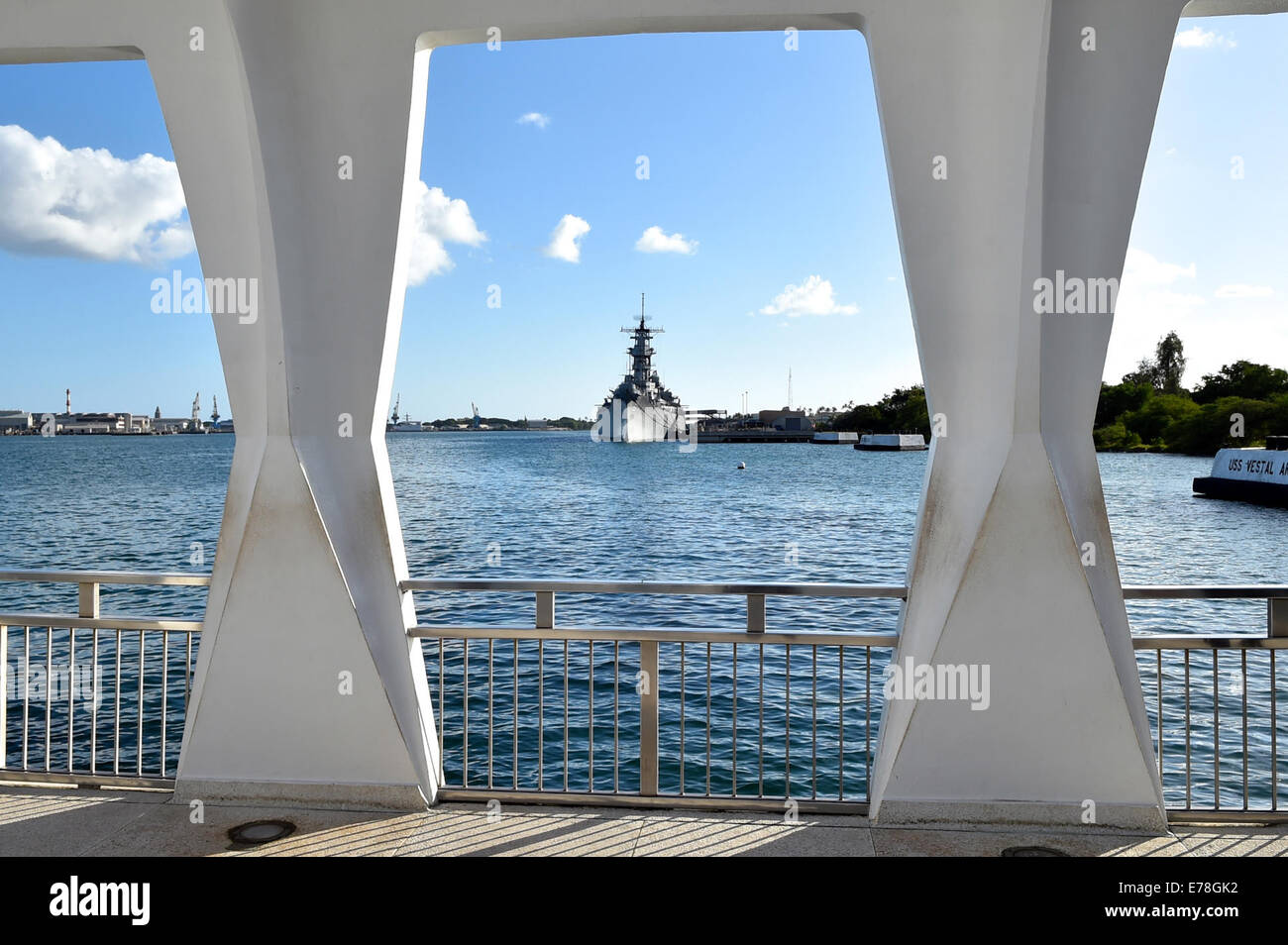 USS Missouri, As Seen From USS Arizona Memorial in Pearl Harbor The USS Missouri, on which the armistice ending World War II was Stock Photo