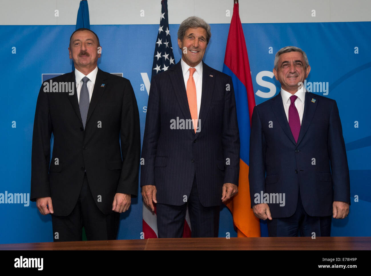 Secretary Kerry Holds Trilateral Meeting With Presidents of Azerbaijan and Armenia at NATO Summit in Wales U.S. Secretary of Sta Stock Photo