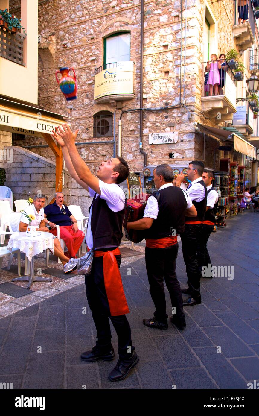 Street Performers, Taormina, Sicily, Italy, Southern Europe Stock Photo