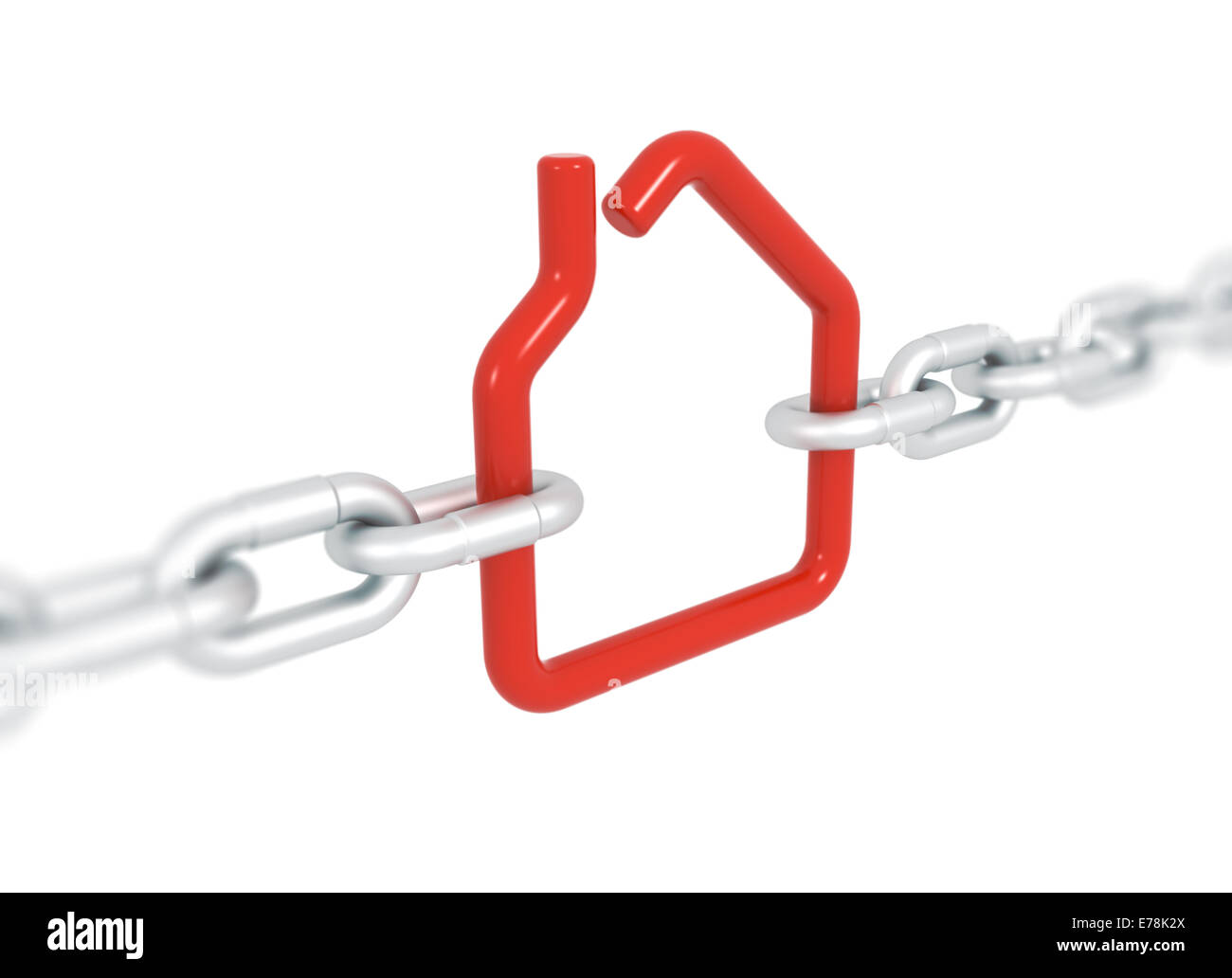 Red house symbol blocked with metal chains - 3d illustration render perspective deep of field Stock Photo
