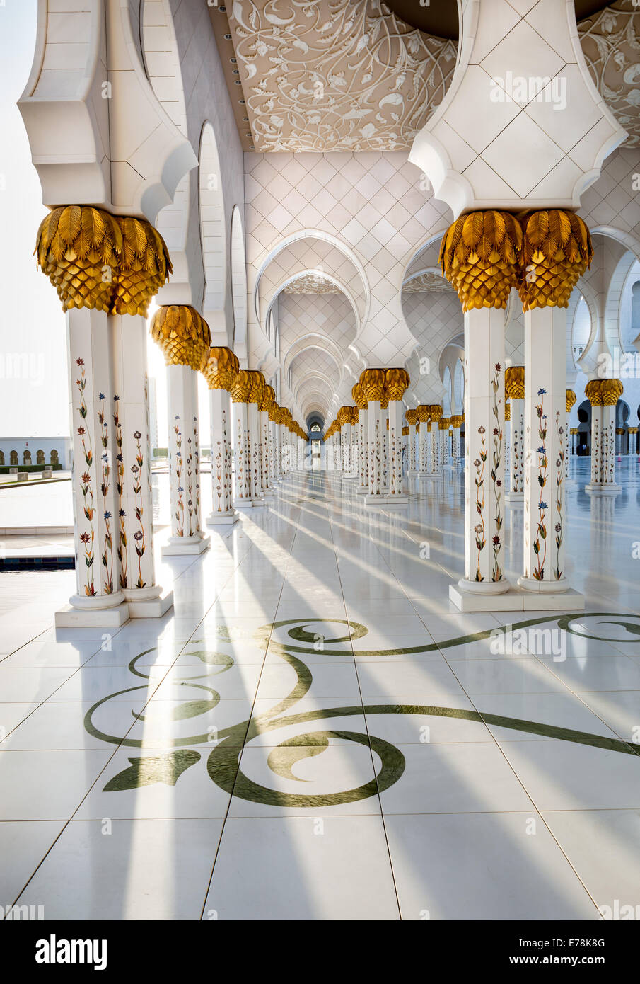 Corridor of Sheikh Zayed Mosque Abu Dhabi, which is intricately decorated and designed Stock Photo