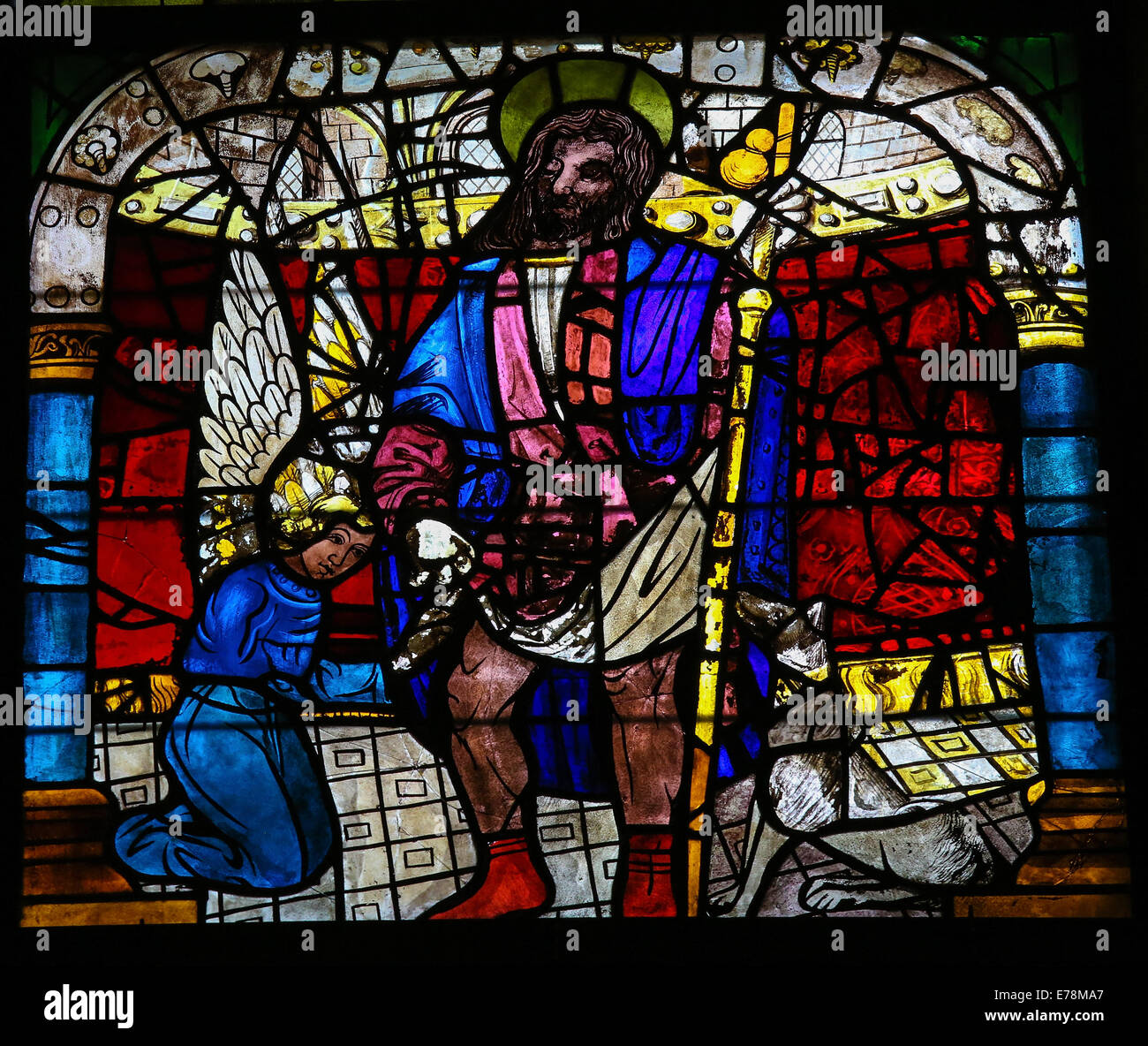 Stained glass window depicting Saint James the Great in the cathedral of Leon, Castille and Leon, Spain Stock Photo