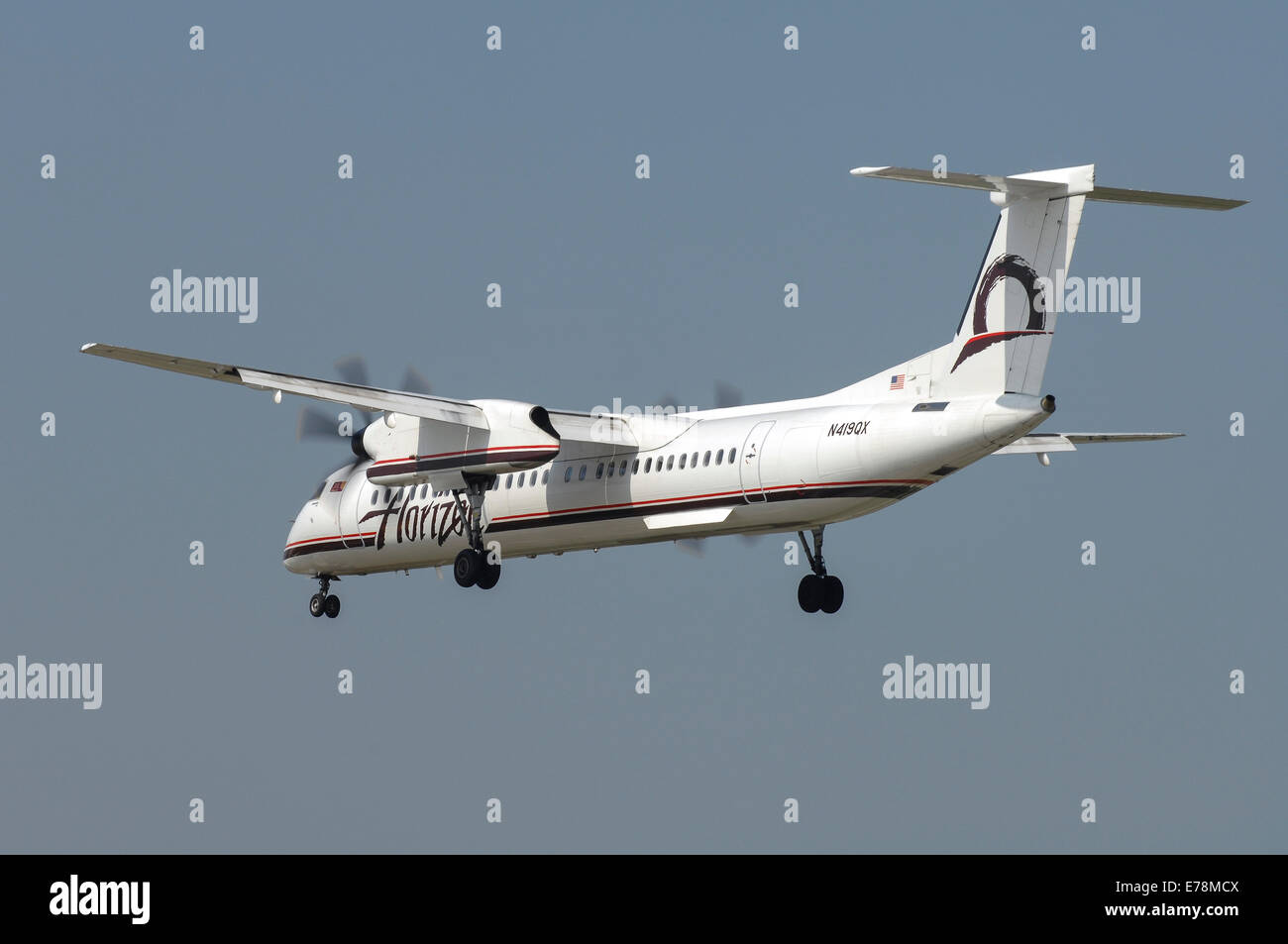 Bombardier Q400 of Horizon Airline landing at Los Angeles International Airport Stock Photo