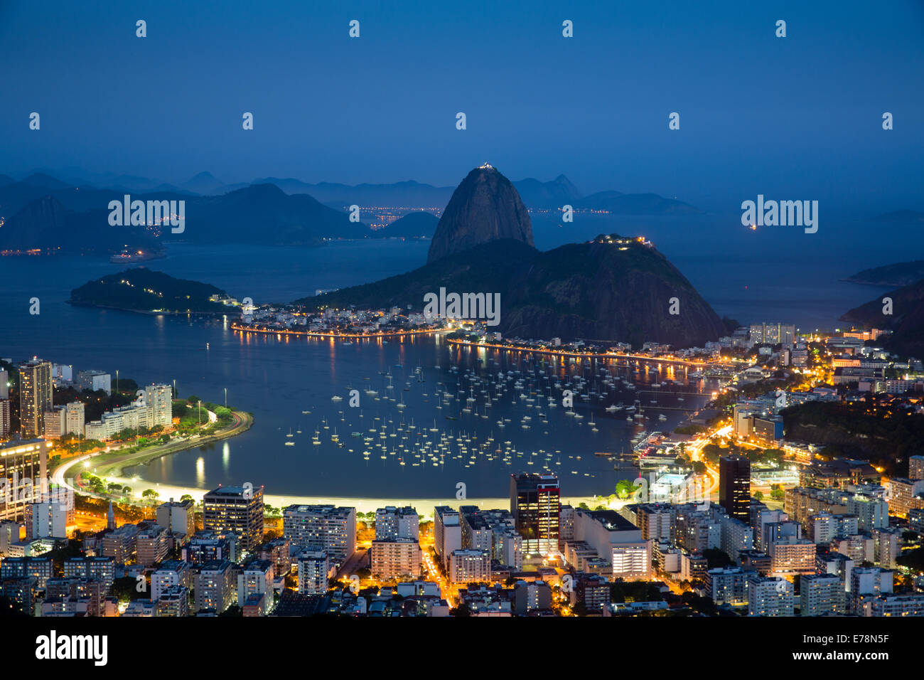 the bay, city and Sugar Loaf Mountain at dusk, Rio de Janeiro, Brazil Stock Photo