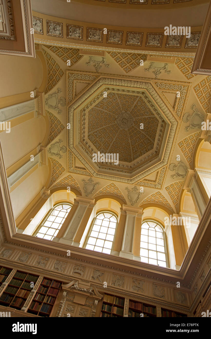 Incredibly ornate high ceiling with intricate design and arched windows at Blenheim Palace England Stock Photo
