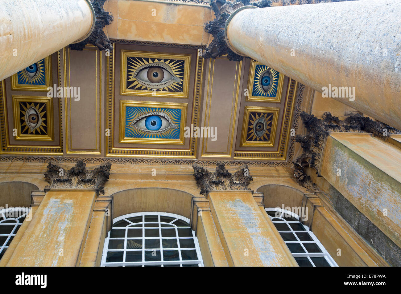 High ceiling painted with unusual and spectacular series of colourful eyes looking down at visitors at Blenheim Palace, England Stock Photo