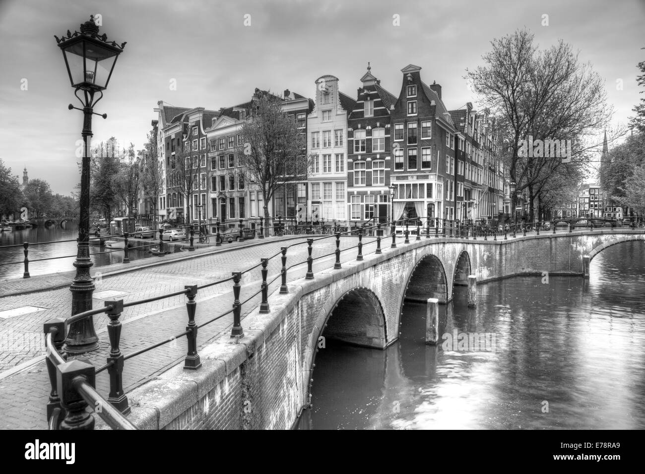 Historic Houses and Bridge along Keizersgracht Canal, Amsterdam, Netherlands Stock Photo