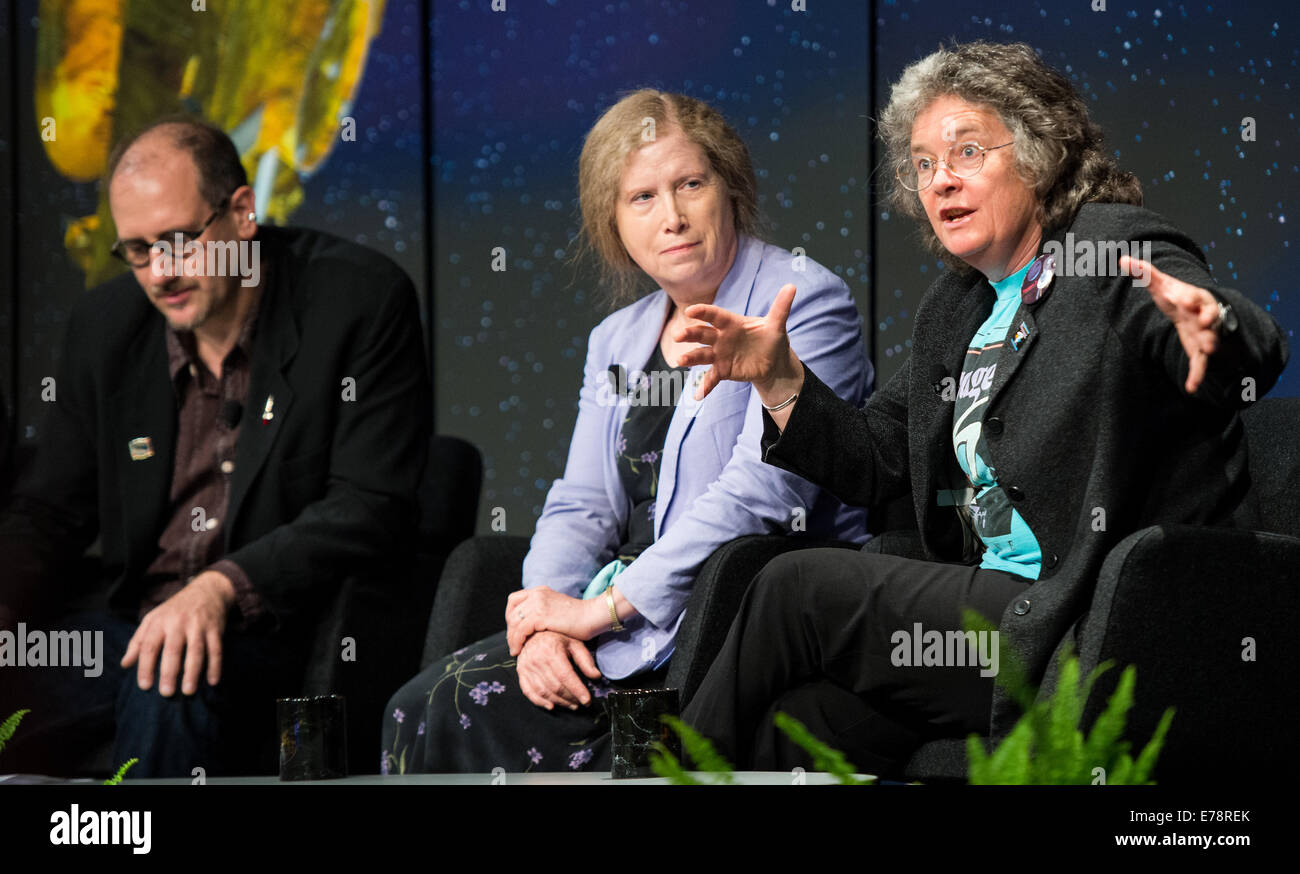 Dr. Fran Bagenal, senior scientist at the University of Colorado, far right, speaks during a panel discussion at the &quot;NASA's New Horizons Pluto Mission: Continuing Voyager's Legacy of Exploration&quot; event on Monday, August, 25, 2014, in the James Stock Photo