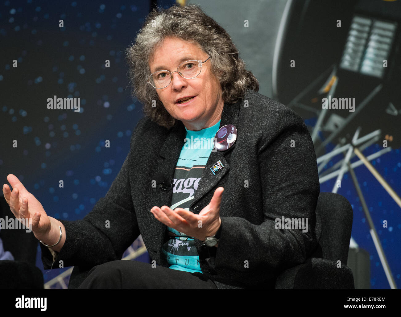 Dr. Fran Bagenal, senior scientist at the University of Colorado, speaks during a panel discussion at the &quot;NASA's New Horizons Pluto Mission: Continuing Voyager's Legacy of Exploration&quot; event on Monday, August, 25, 2014, in the James E. Webb Aud Stock Photo