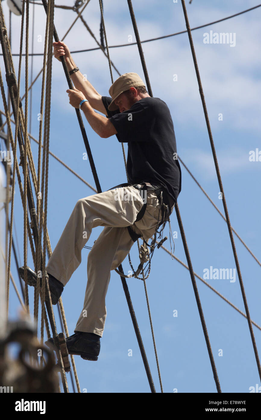 Crew member climbing the rigging of a Tall Ship 30th Annual Toshiba Tall Ships Festival in Dana