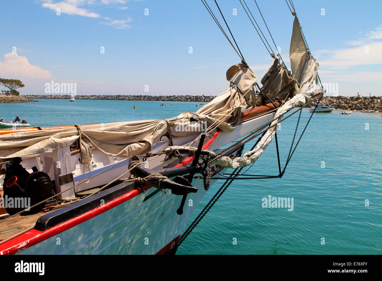The ships anchor on the brigantine Exy Johnson at dock in Dana Point