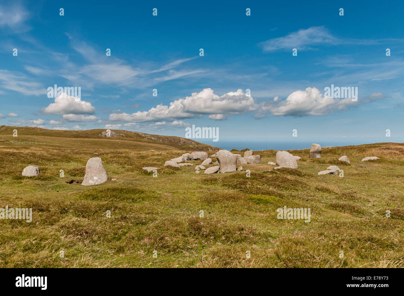 Cairn Circle above Penmaenmawr North Wales with views to the coast and hills in the surrounding area. Stock Photo