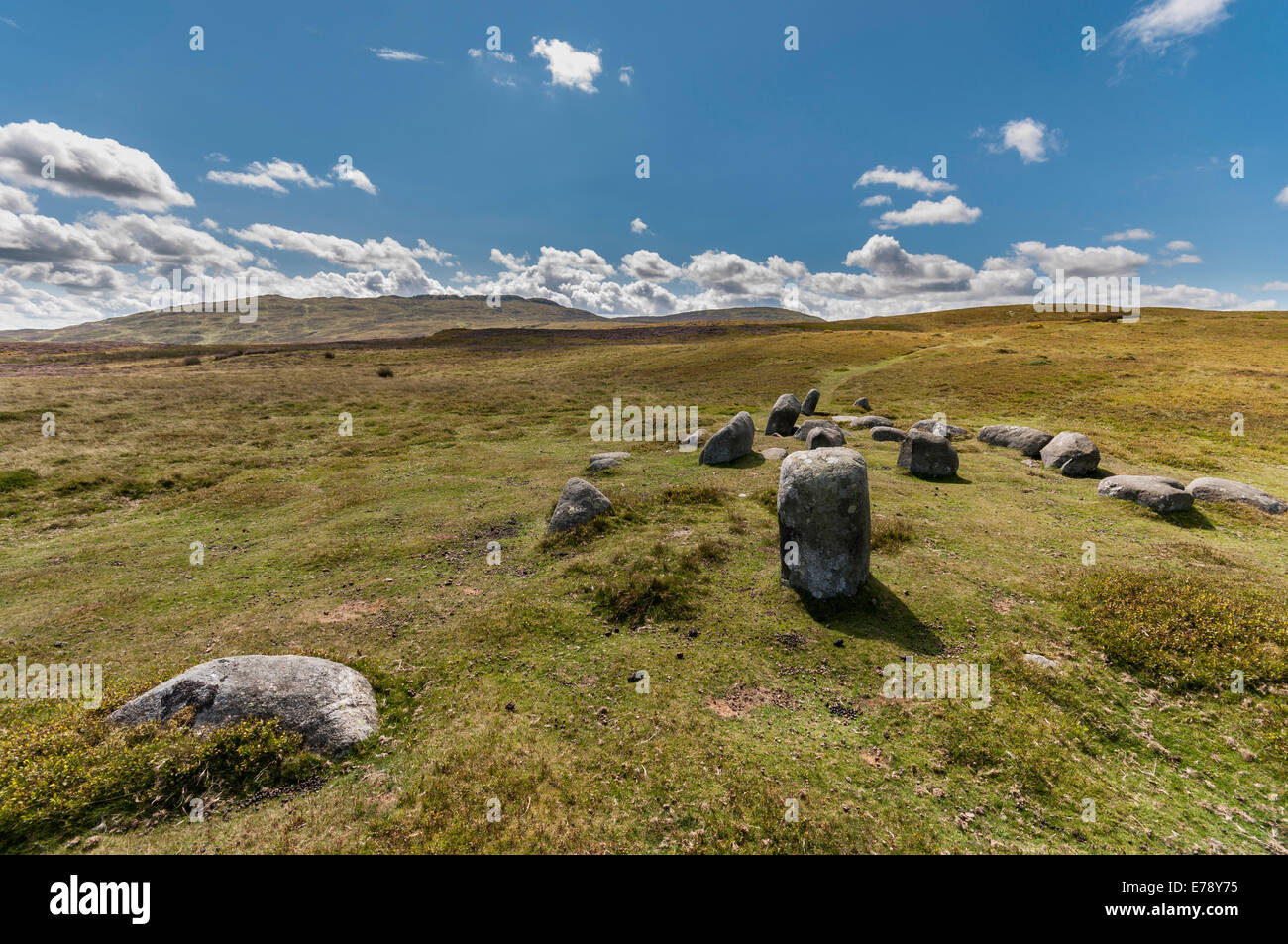 Cairn Circle above Penmaenmawr North Wales with views to the coast and hills in the surrounding area. Stock Photo