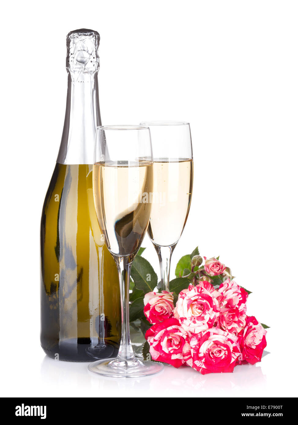 Champagne bottle, two glasses and red rose flowers. Isolated on white background Stock Photo