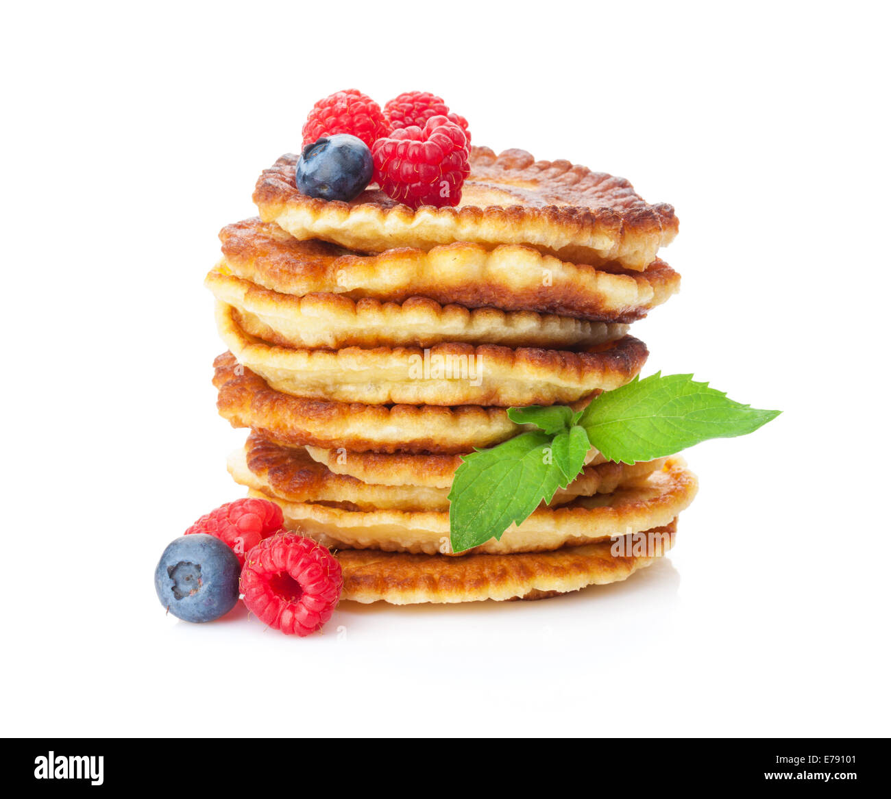 Pancakes Raspberry Blueberries Mint Pancakes with raspberry, blueberry and mint. Isolated on white ...