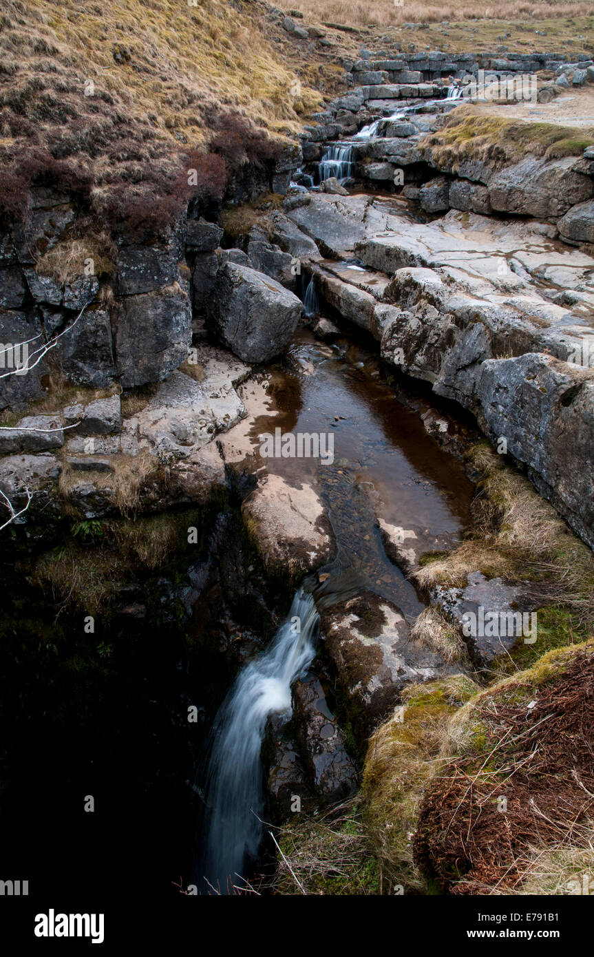 Fell Beck cascading over limestone pavement before falling into the chasm of Gaping Gill on Ingleborough in the Yorkshire Dales Stock Photo