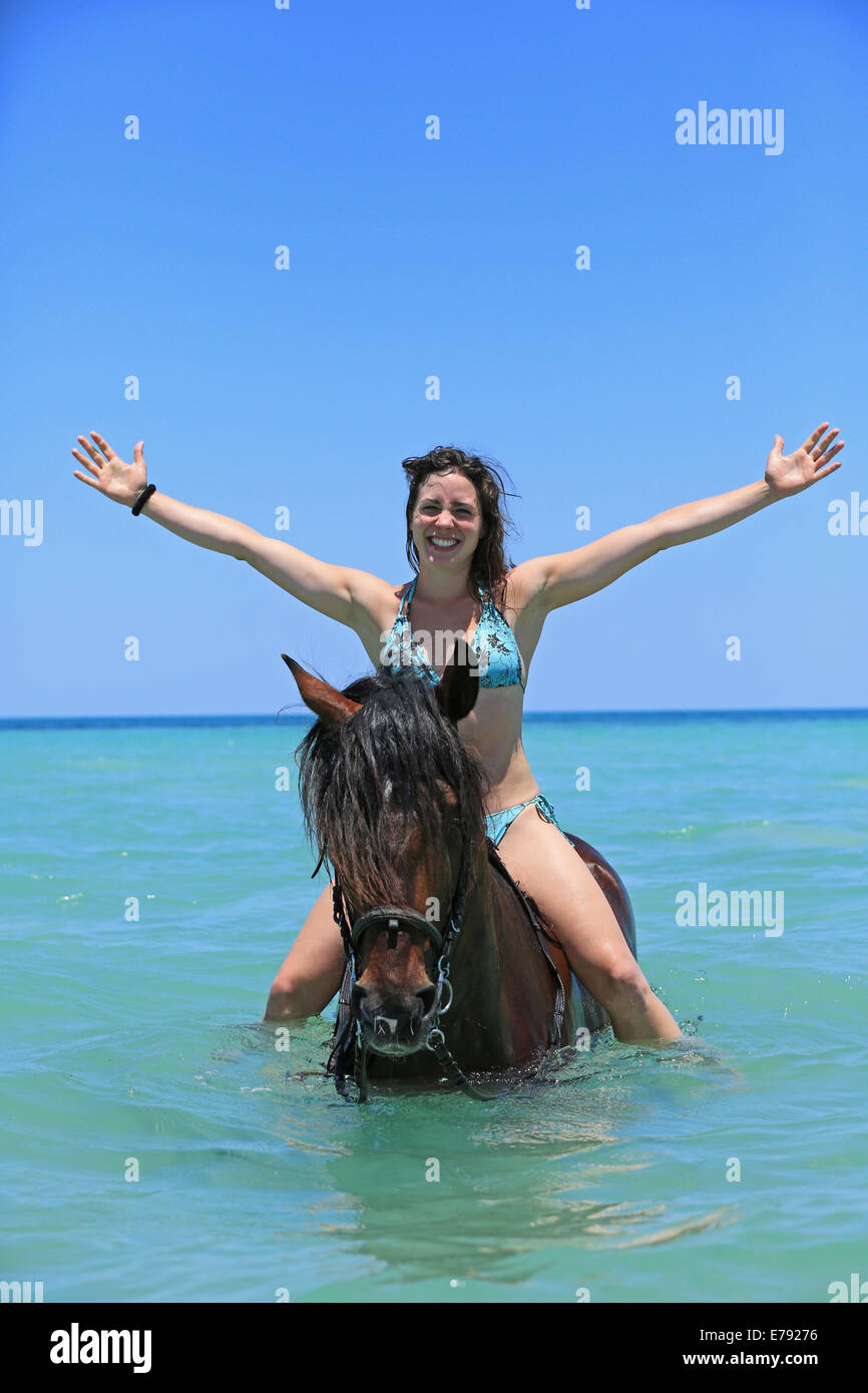 Woman wearing a bikini riding a Barb horse in the sea, riding vacation,  Djerba, Tunisia Stock Photo - Alamy