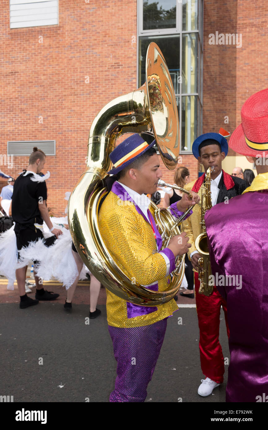man Playing big brass Sousaphone band huge Stock Photo