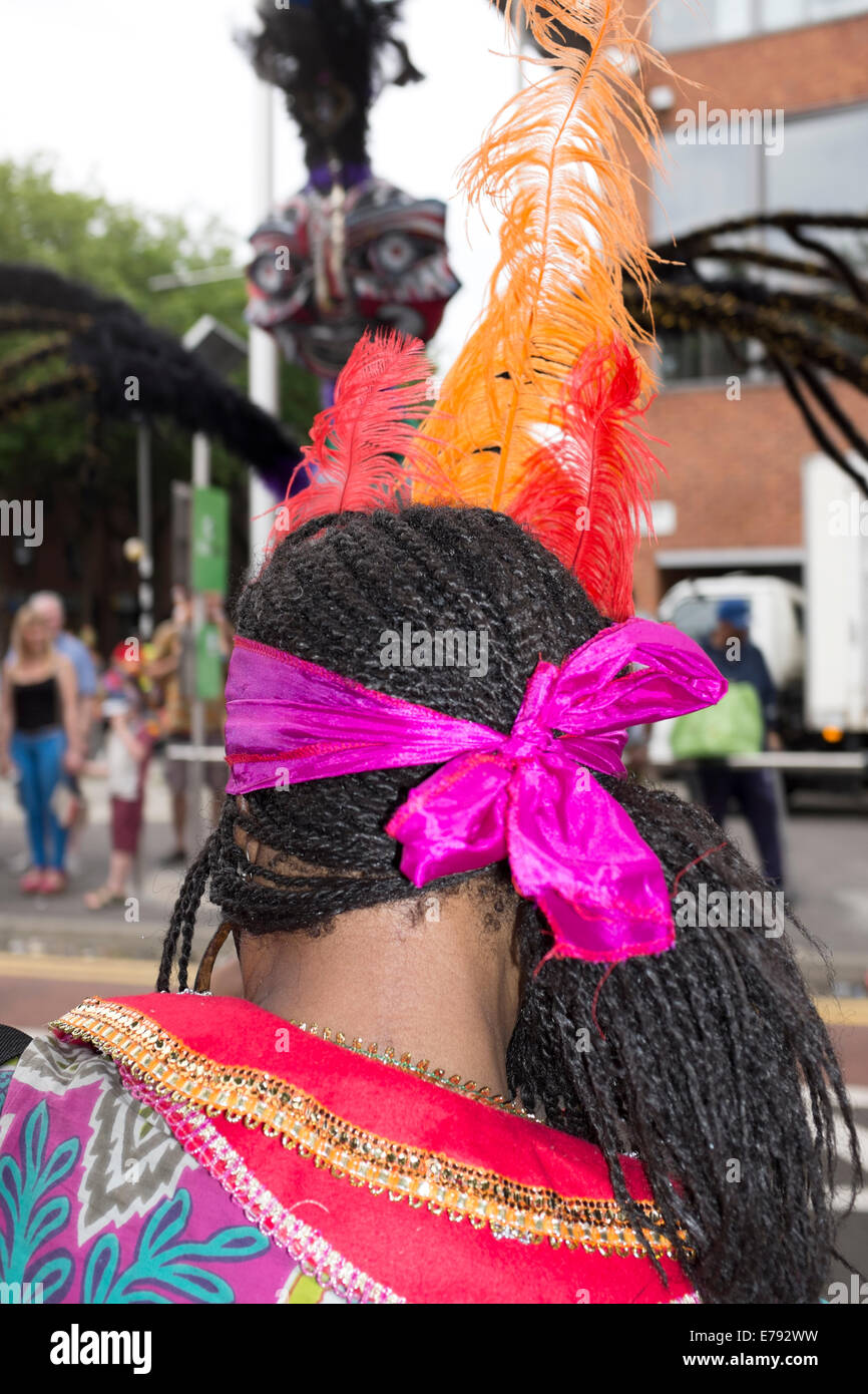 Black Woman Pleated Platted Hair Bright Pink Bow Stock Photo