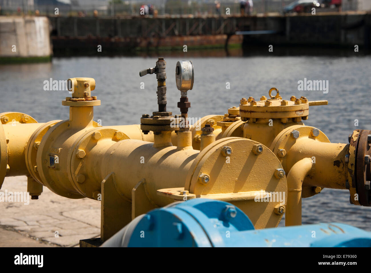 Yellow Natural Gas Pipeline Pipe Gauge Flow Meter Flange Stock Photo