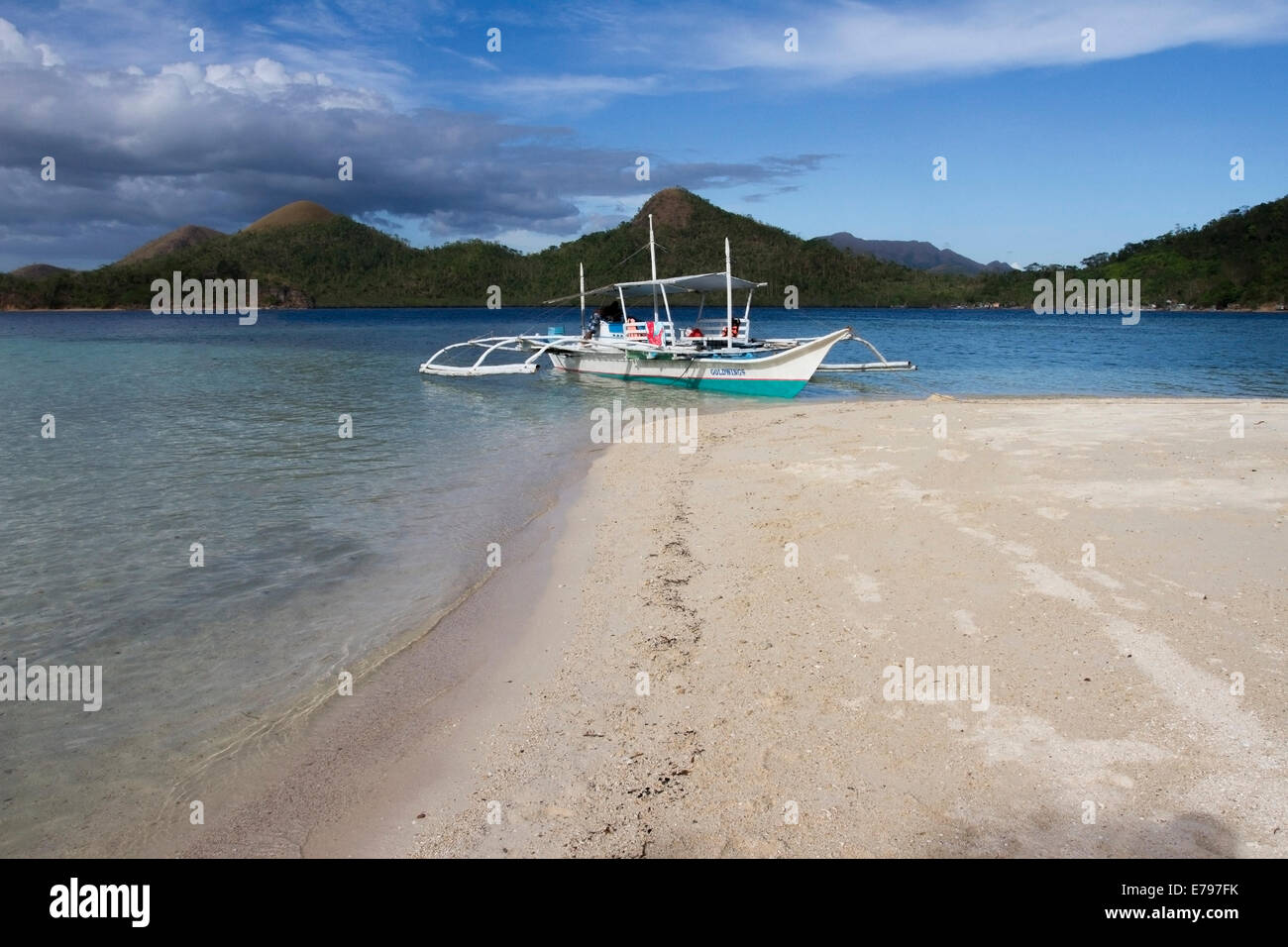 Bangca- Tipical boat in the Philippines. Coron Island in Palawan. Stock Photo