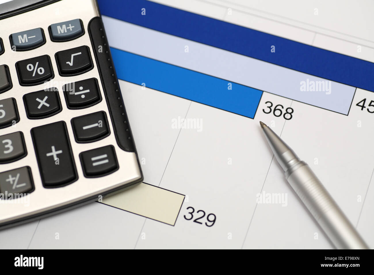 Financial data. Calculator, pen, and financial statements. Close-up. Stock Photo