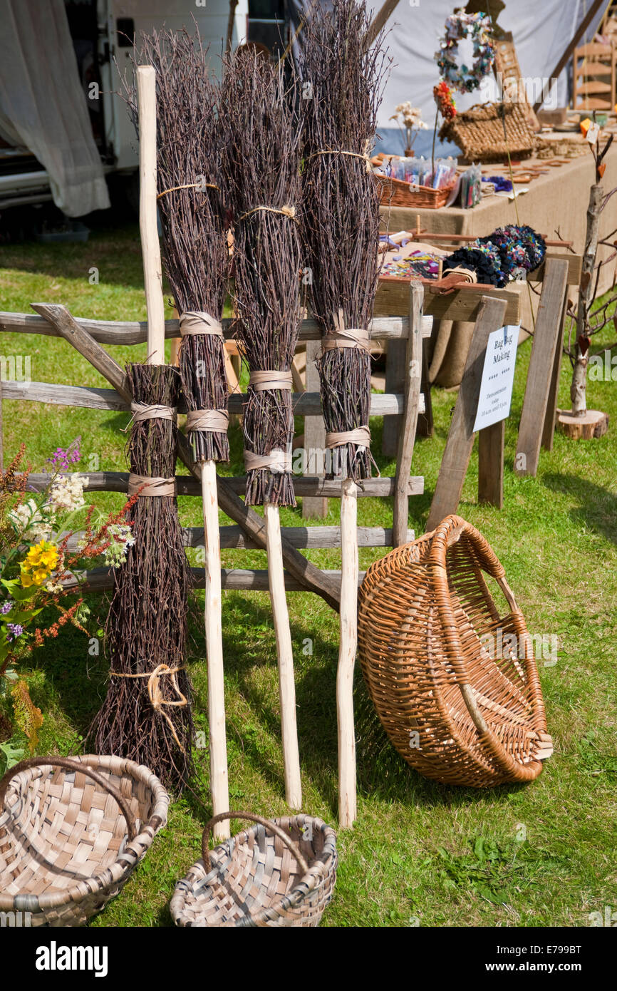 Close up of brooms brushes besoms and handmade baskets Driffield Agricultural Show East Yorkshire England UK United Kingdom Great Britain Stock Photo