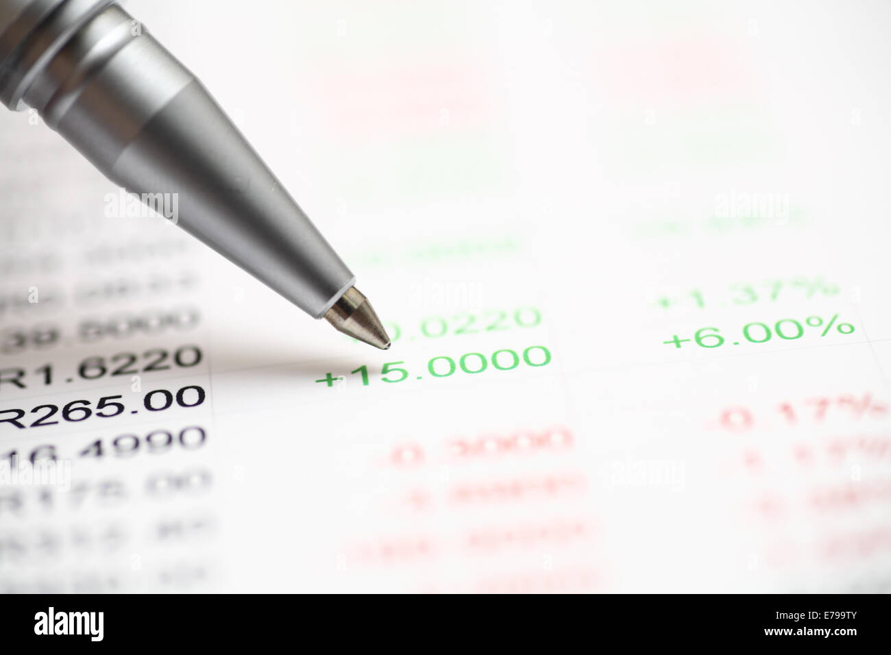 Analysis of financial statements. Focus on pen. Shallow depth of field. Close-up. Stock Photo