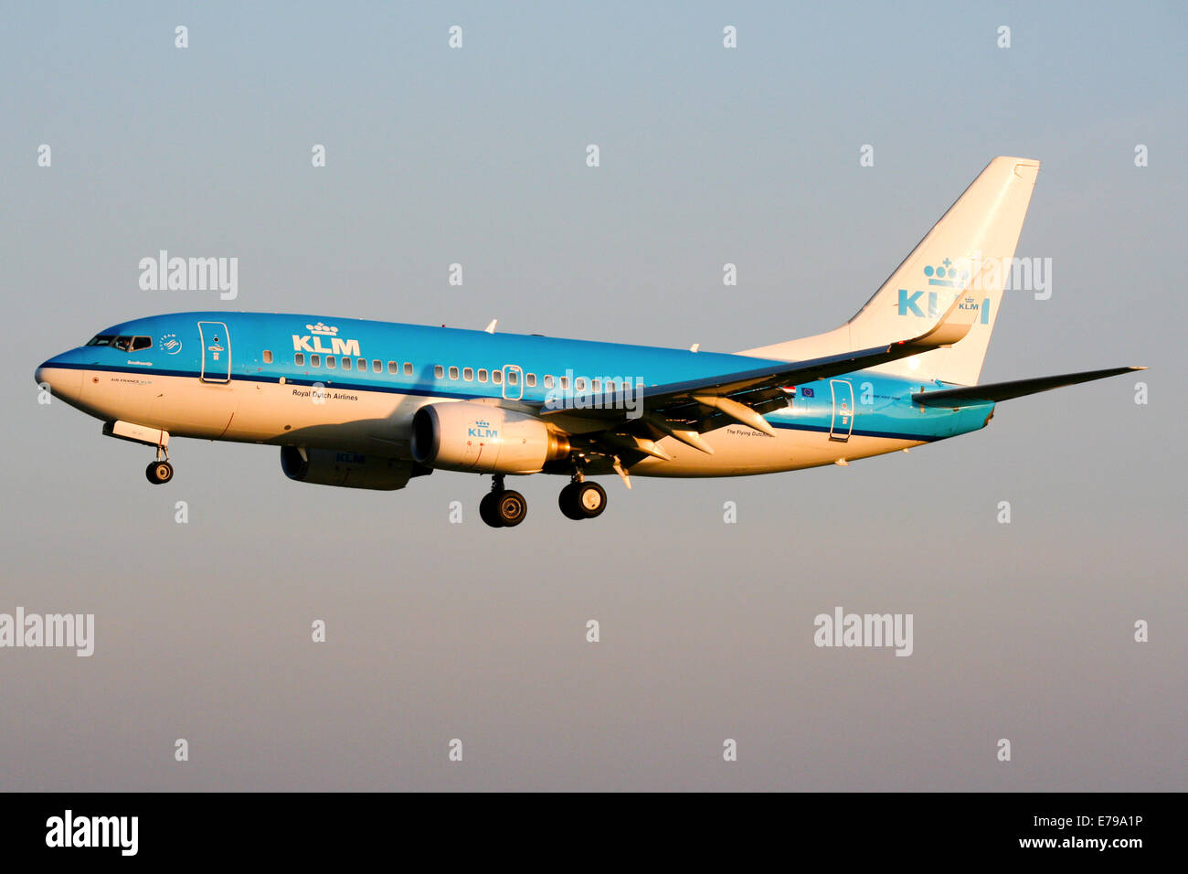 KLM Royal Dutch Airlines Boeing 737-700 approaches runway 23R at Manchester airport. Stock Photo