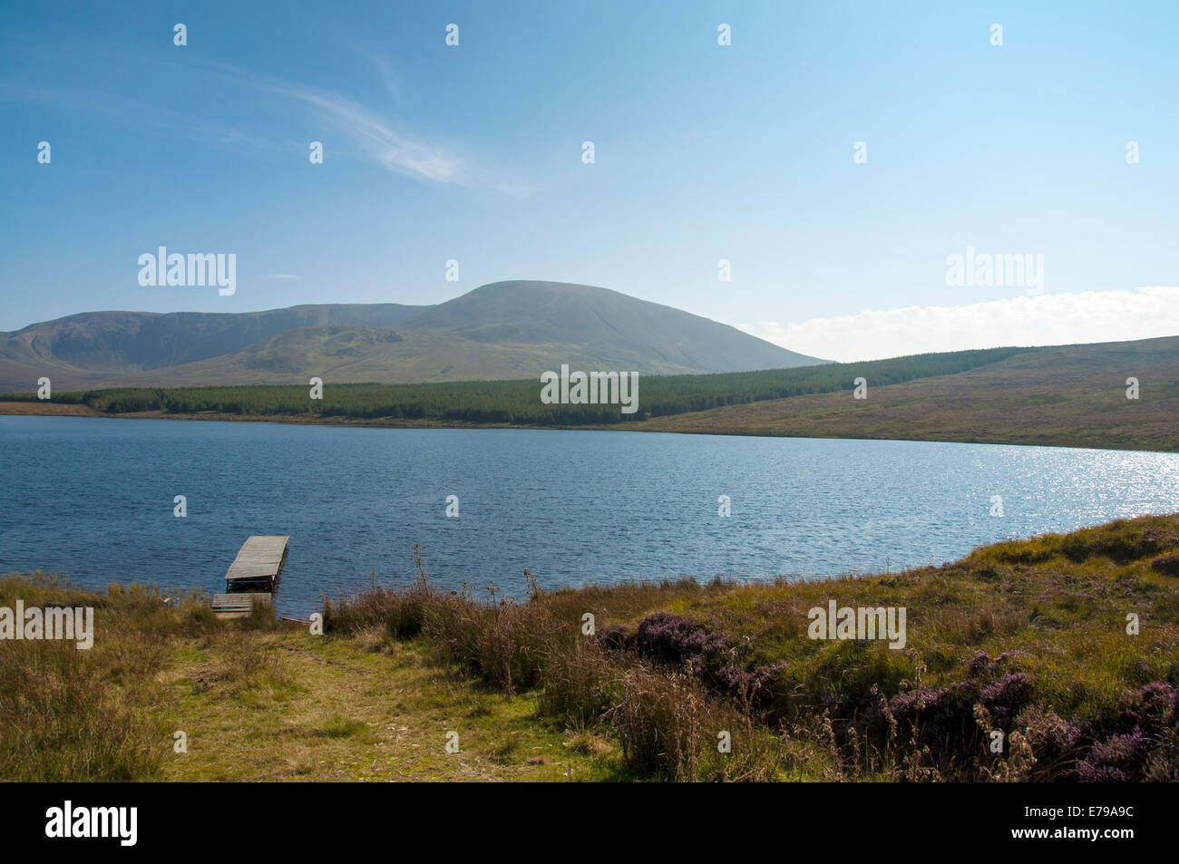 Freshwater lake Lough Auva jetty mountains on the bog near Carrick County Donegal Ireland Stock Photo