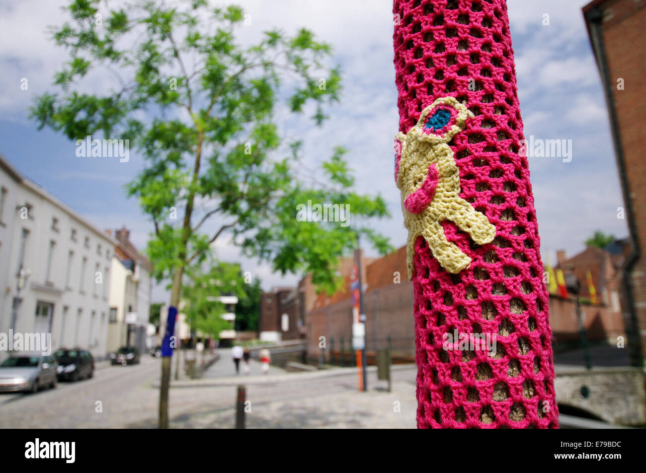 Guerilla knitting or 'yarnstorming' in Mechelen, Belgium Stock Photo
