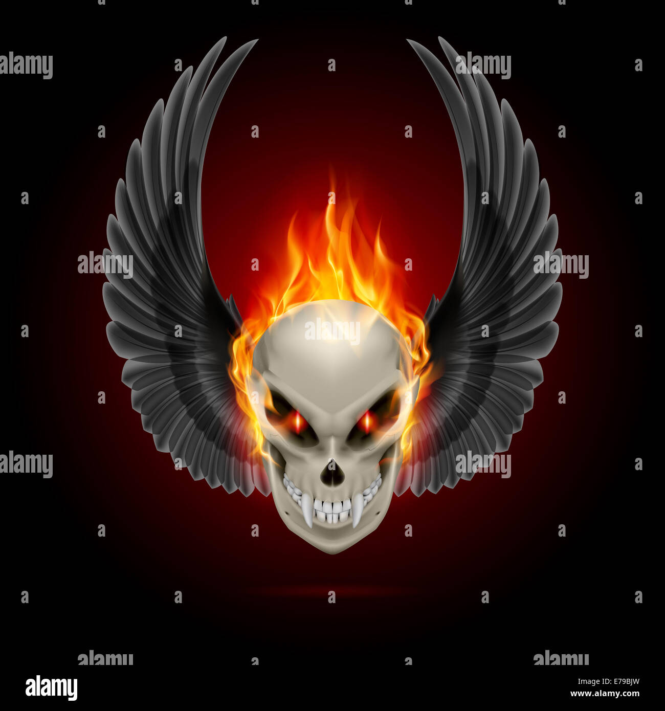 Mutant skull with long fangs, orange flame and raised wings Stock Photo