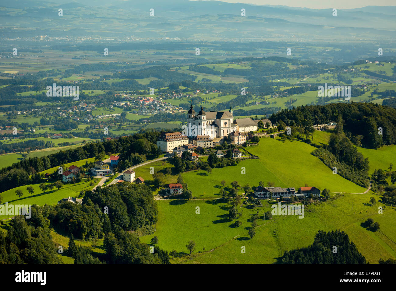 Aerial view, Sonntagberg Basilica, Alpine foothills with meadows, Sonntagberg, Lower Austria, Austria Stock Photo