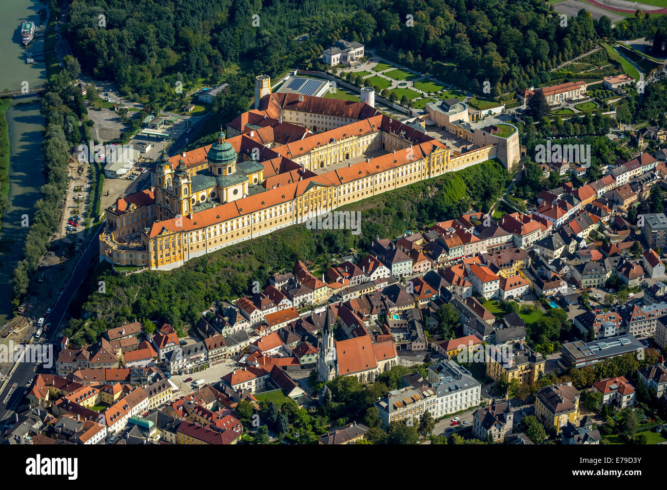 Aerial view, Melk Abbey, Benedictine monastery, Austrian Baroque, Melk, Wachau, Lower Austria, Austria Stock Photo