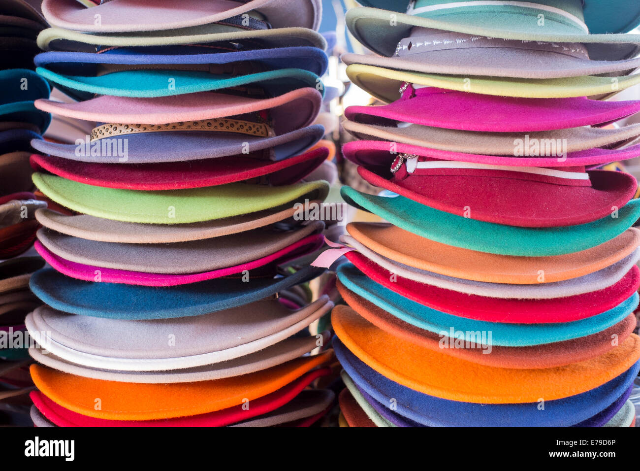 Stacks of colourful felt hats, black market, Mörön, Mongolia Stock Photo